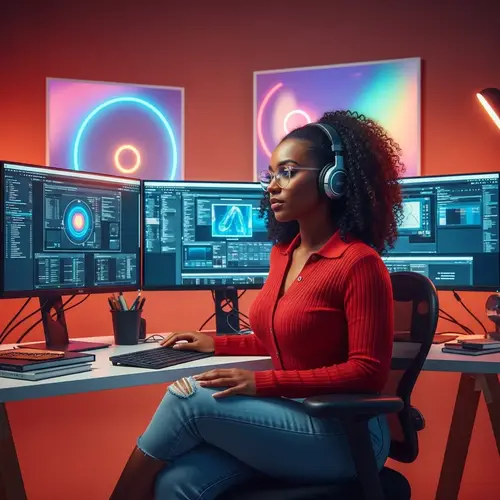 Skilled Black Woman Web Designer in Futuristic Office Setting