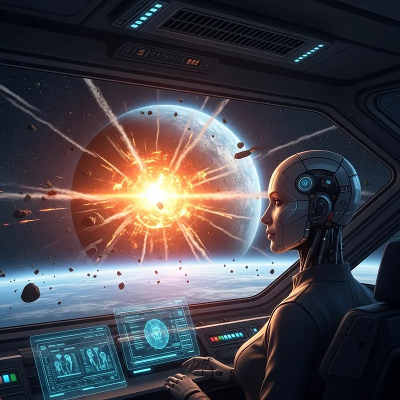 Feminine Humanoid AI in Spaceship Amidst Nuclear Destruction Feminine Humanoid AI in Spaceship Amidst Nuclear Destruction