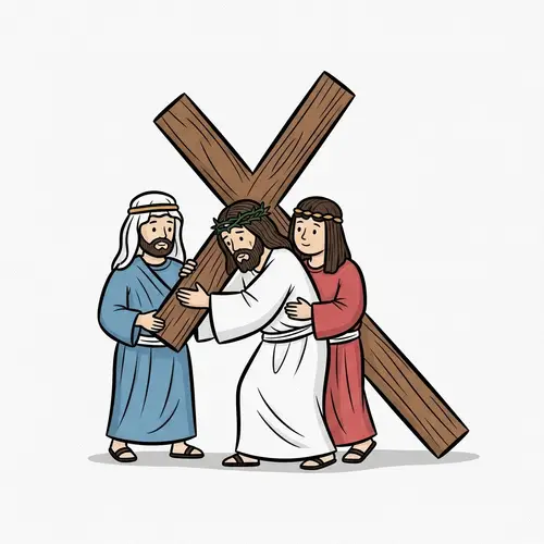 Compassionate Cartoon Depiction of Jesus Carrying the Cross