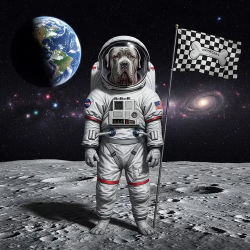Neapolitan Mastiff Astronaut Conquers Space with Bold Flag Planting