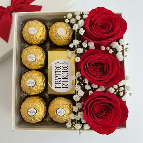 Elegant Gift Box with 6 Ferrero Rocher Chocolates & 3 Roses
