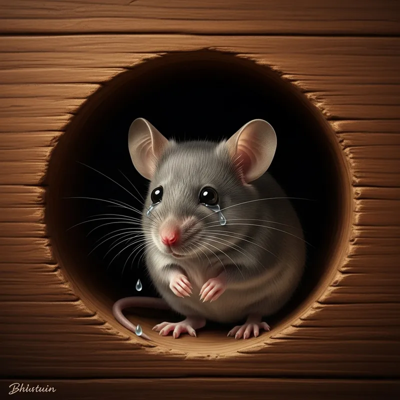 Professional Gray Mouse in Cozy Wooden Burrow Shedding Tears - Hyperrealism