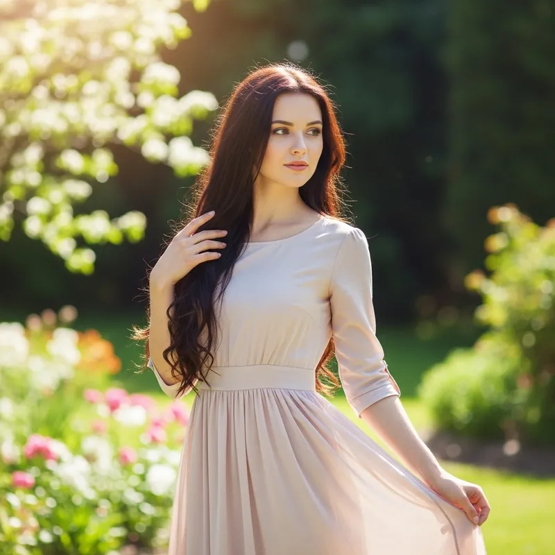 Very Beautiful Pale 20-Year-Old Woman with Long Dark Hair