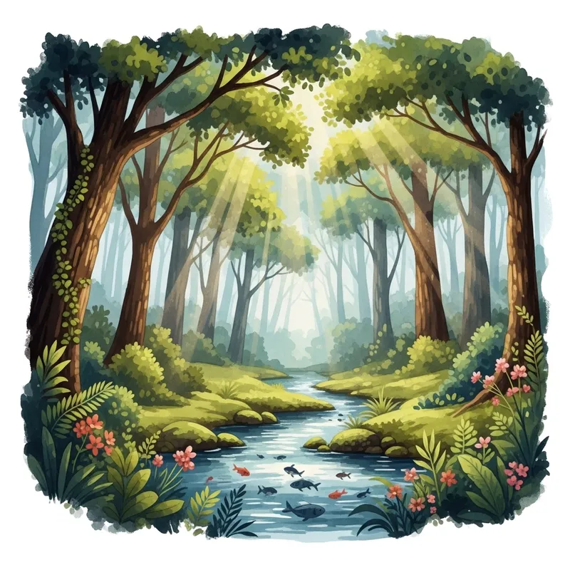 Peaceful Forest Watercolor Scene with Serene Ambiance