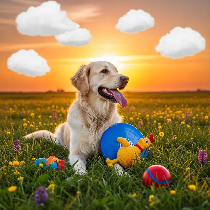 Playful Golden Retriever Dog in Green Field at Sunset Playful Golden Retriever Dog in Green Field at Sunset