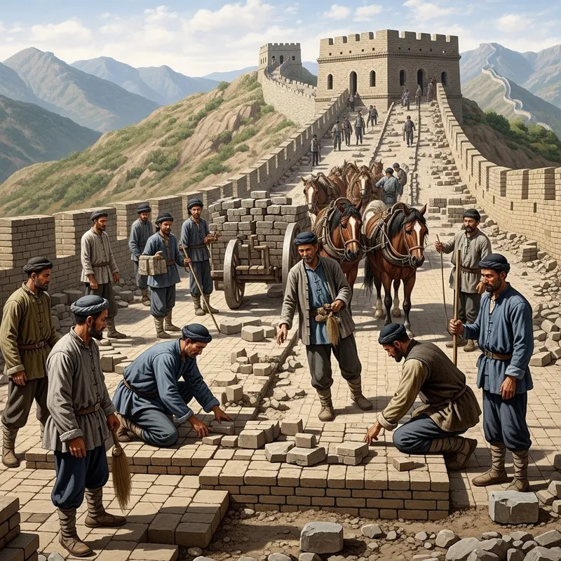 Building the Great Wall of China: Historical Construction Scene Building the Great Wall of China: Historical Construction Scene