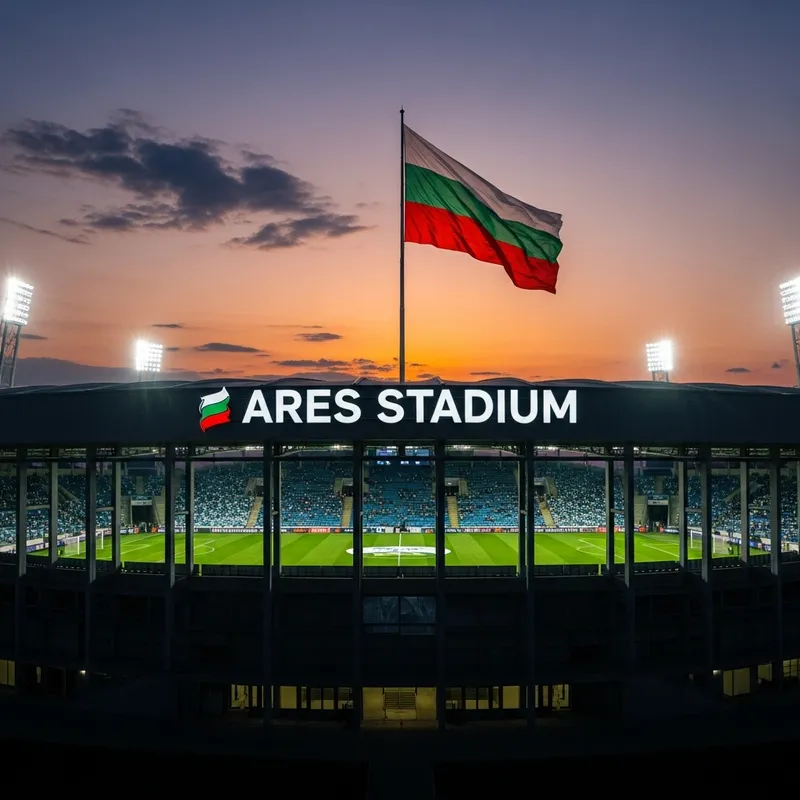 Ares Soccer Stadium Twilight View | Bulgarian Flag Atmosphere