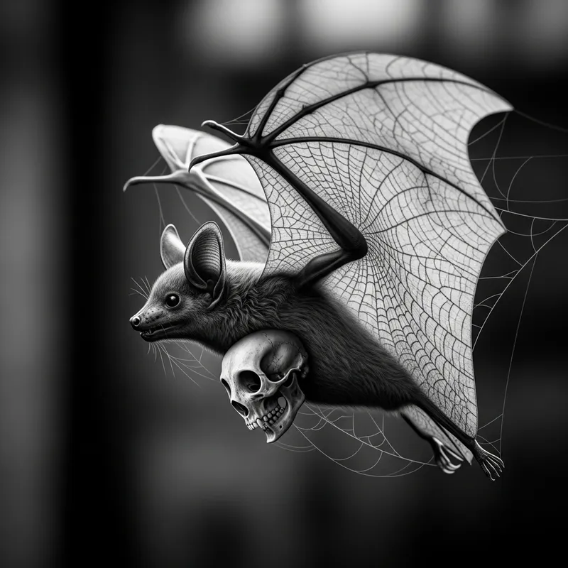 Creepy Black and White Bat with Spider's Web Wings