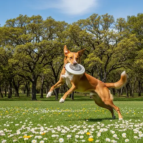Playful Canine Jumping with Frisbee in Sunny Park