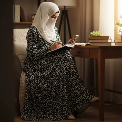 Freelance Muslim Woman in Long Dress with Cell Phone and Books