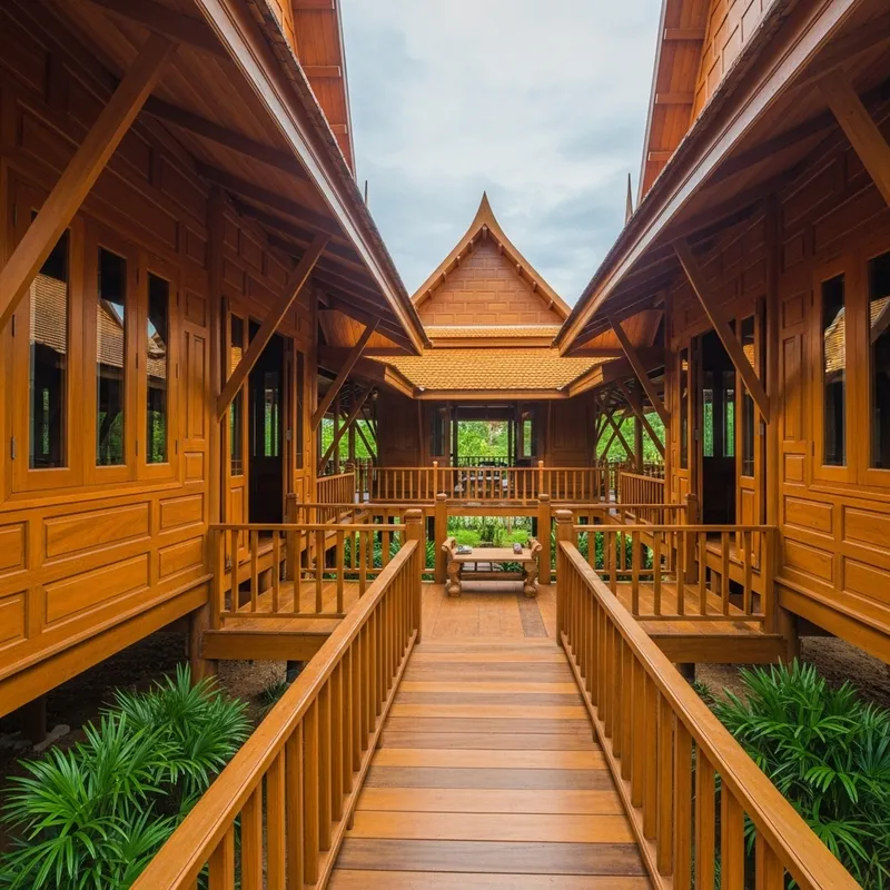 Build a Traditional Phu Thai House with Teak Wood and Two Terraces