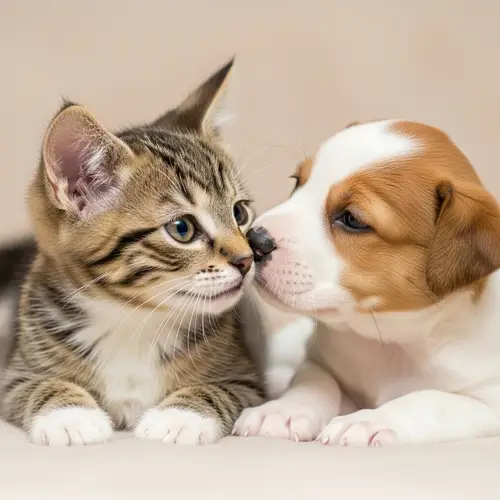 Tender Kitten and Puppy Smiling Together