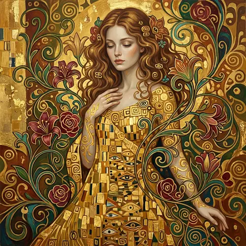Ethereal Art Nouveau Model in Golden Patterns