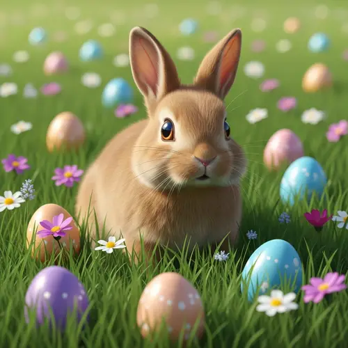 Playful Easter Rabbit Searching for Eggs in Enchanting Field