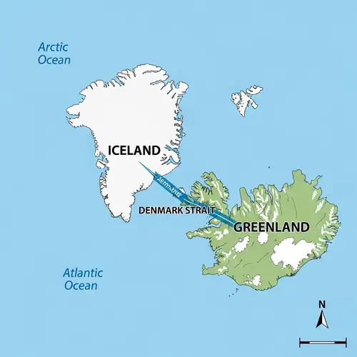 Denmark Strait 2D Map: Iceland to Greenland Route