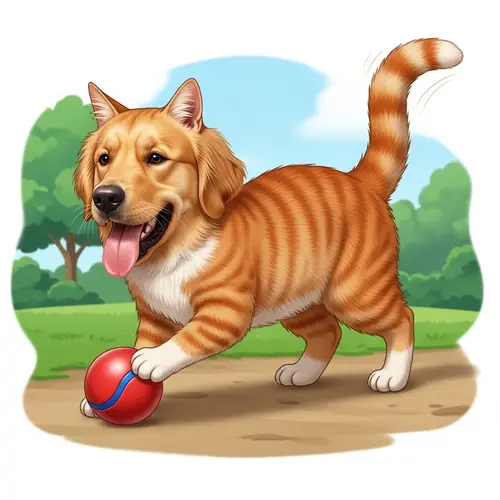 Dog-Cat Hybrid in Verdant Park Playing with Red Ball
