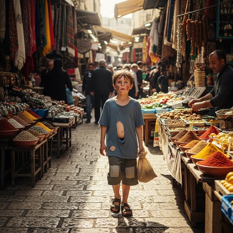 Young Boy Asking for Food in the Streets of Jerusalem Old City