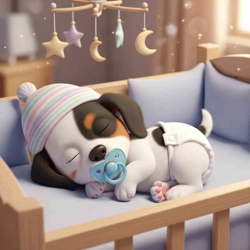 Newborn Puppy Snoopy Sleeping in Crib with Pacifier