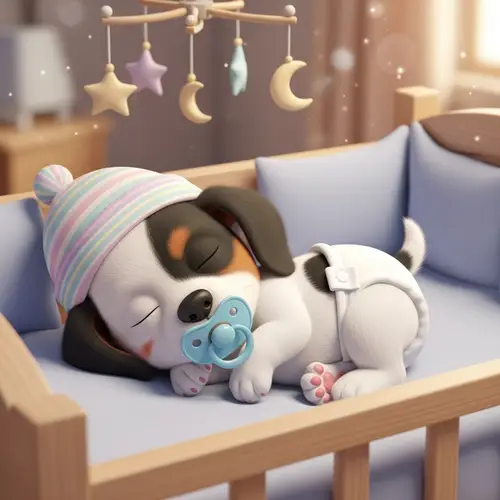 Adorable Newborn Cartoon Puppy Sleeping in Crib