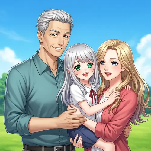 Joyful Family Moment: Green-Eyed Girl with White Hair Embraced by Loving Parents