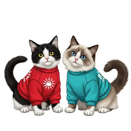 Adorable Black & White Cat and Fluffy Siamese Cats in Cute Sweatshirts
