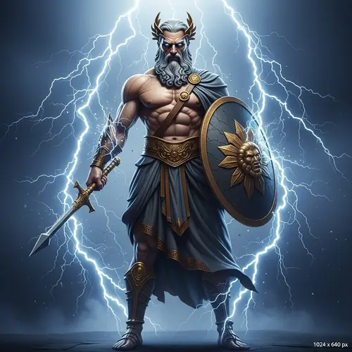 Powerful Mythological Figure with Lightning Bolts | 1024x640px