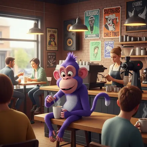 Playful Purple Monkey in Vibrant Coffee Shop Scene