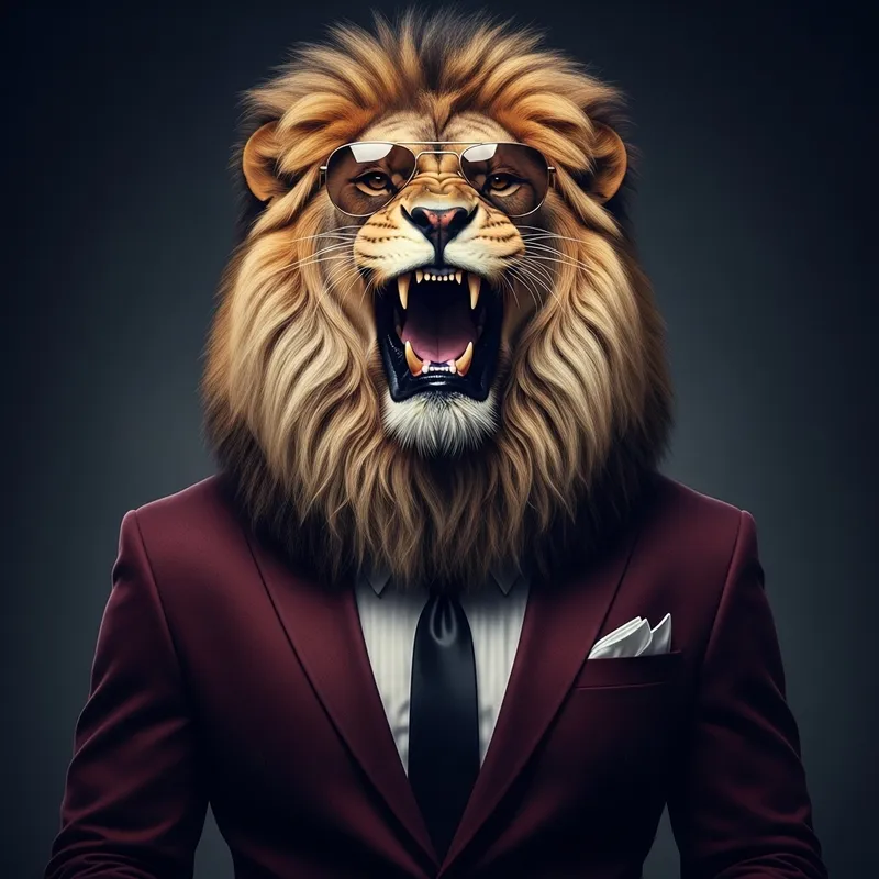 Alpha Lion Roaring in Maroon Suit with Designer Sunglasses