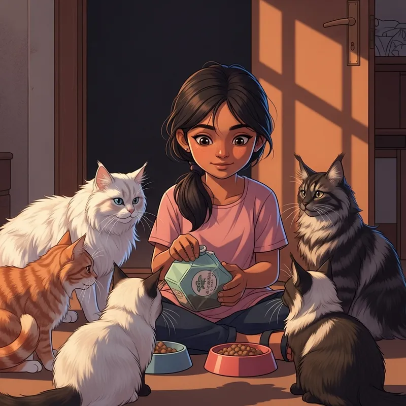 Girl Feeding Five Cats | Heartwarming Scene