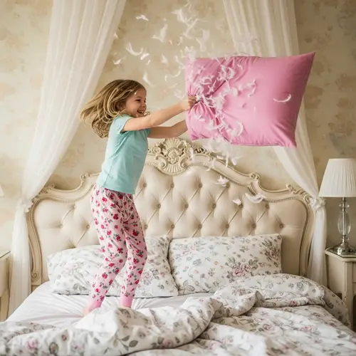 Gleeful Young Girl Leaping on Opulent Queen-Size Bed