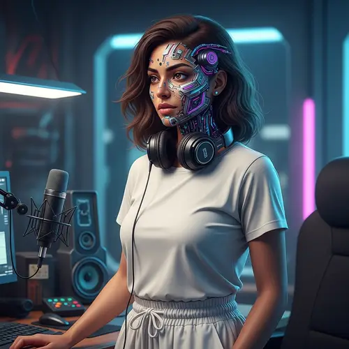 Cyberpunk Style 24-Year-Old Woman in Futuristic Podcasting Studio