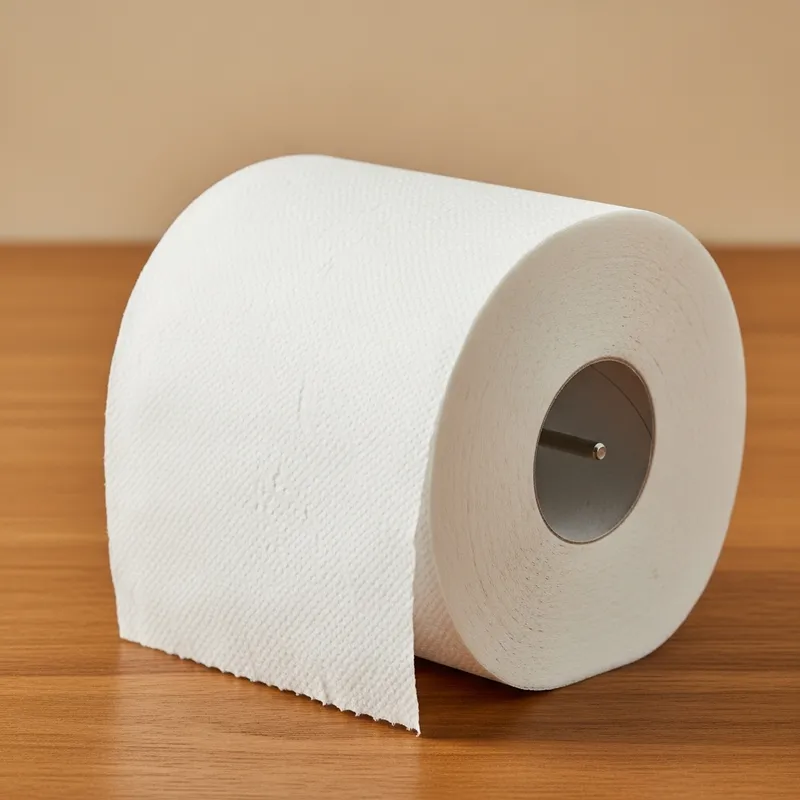 Soft Plush White Toilet Paper Roll on Wooden Surface