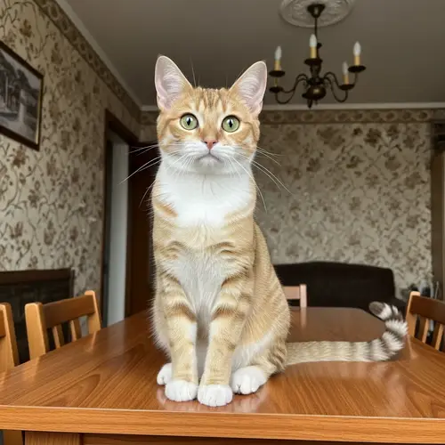 Lively Honey and White Striped Cat on Wooden Table