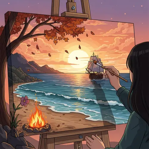 Serene Sunset Painting with Autumn Tree, River, and Sailing Ship
