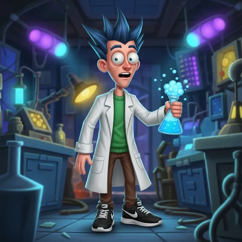 Cartoon Scientist with Blue Hair and Stylish Black Sneakers