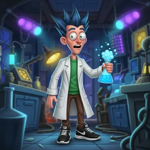 Cartoon Scientist Character with Stylish Black Nike Sneakers