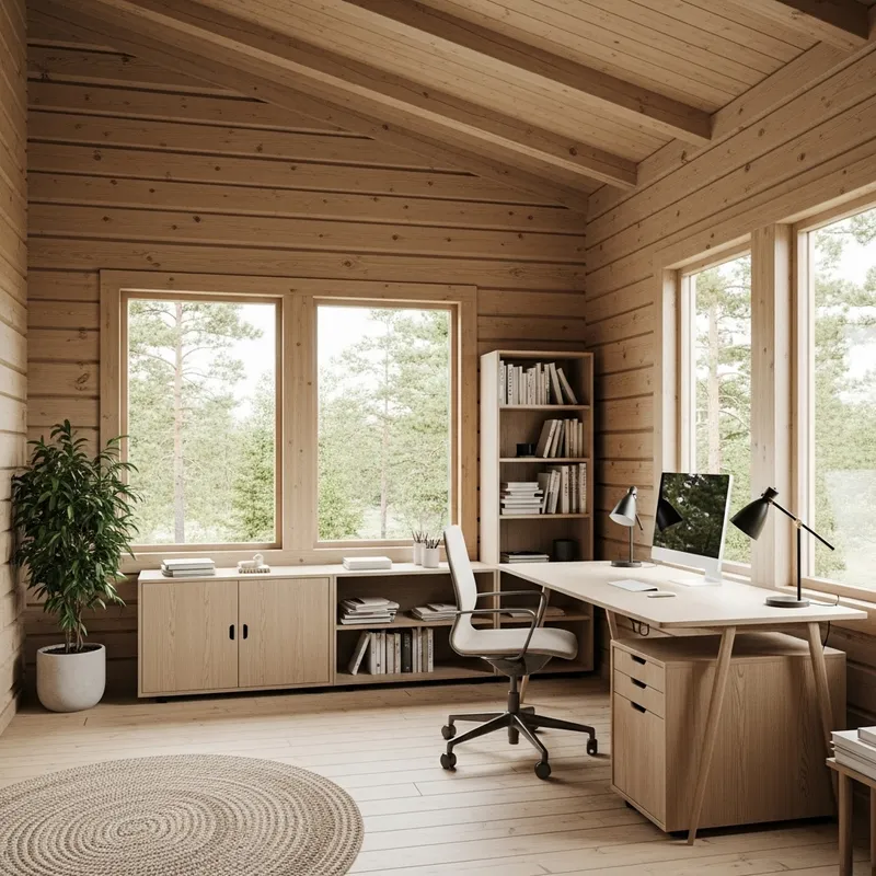 Minimal Scandinavian Cabin Office with Natural Vibe