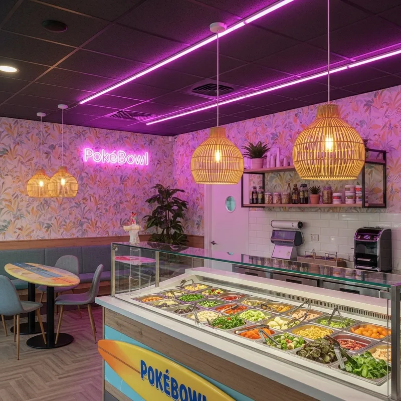 Tropical PokeBowl Shop | Radiant Pink Lights & Fresh Ingredients