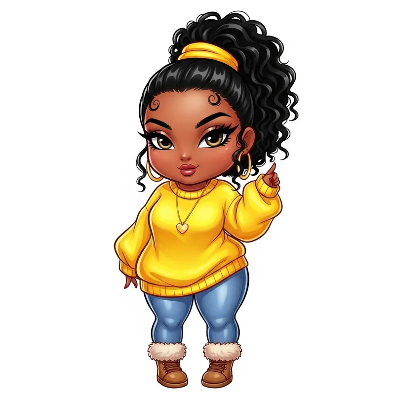 Vivid Chibi Illustration: Curvy African American Woman in Yellow Sweater