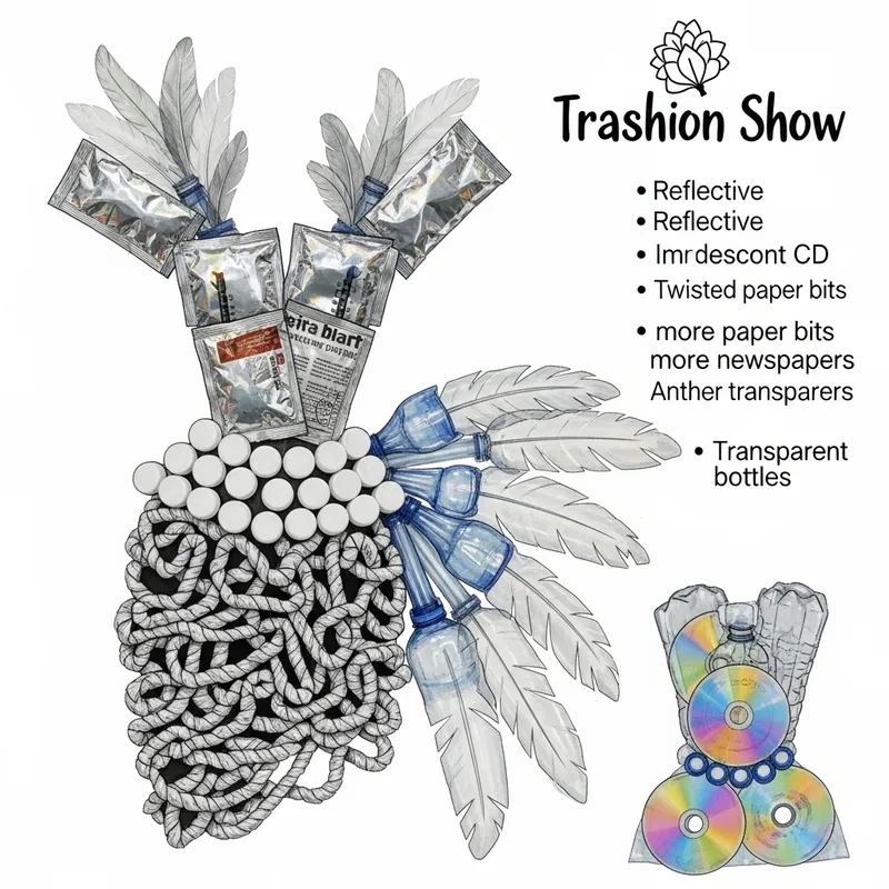 Innovative Trashion Show Dress: Silver Sachets, Feathers, Newspaper & More