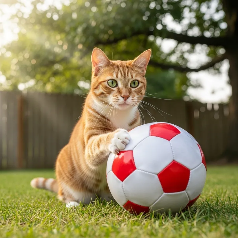 Cat playing with football in backyard