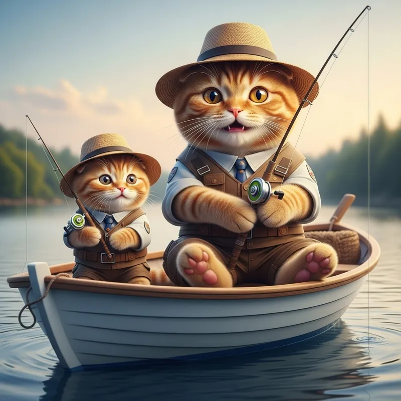 Realistic Ginger Cat and Kitten Fishing in Boat