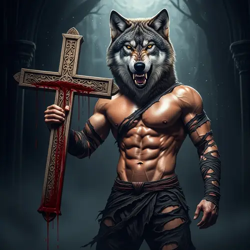 Muscular Wolf-Headed Man Holding Cross with Blood Dripping