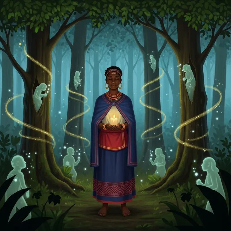 Beautiful Black Woman in Forest Connecting with Nature Spirits