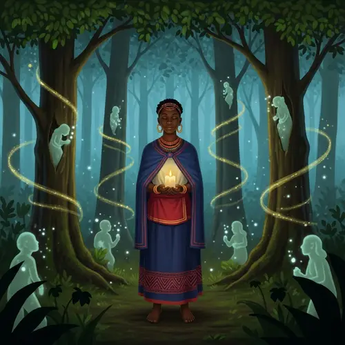 Enchanting Black Woman in Vibrant Attire with Candles in Forest
