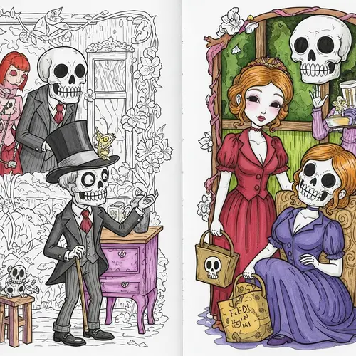 Quirky Coloring Book Page on Mortality with Humor