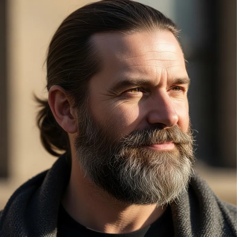 Middle-Aged Man with Gray Beard and Long Ponytail Hairstyle