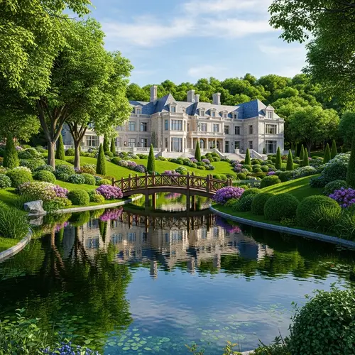 Luxurious Mansion with Lush Green Landscaping and Serene Pond
