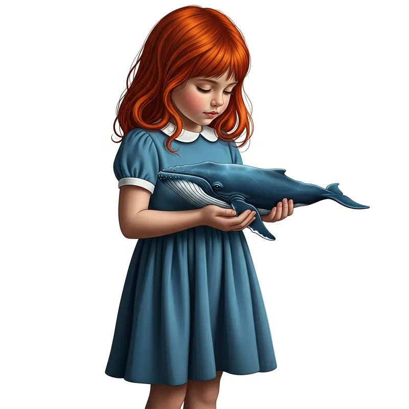 Realistic Model Girl with Radiant Red Hair Holding Tiny Blue Whale