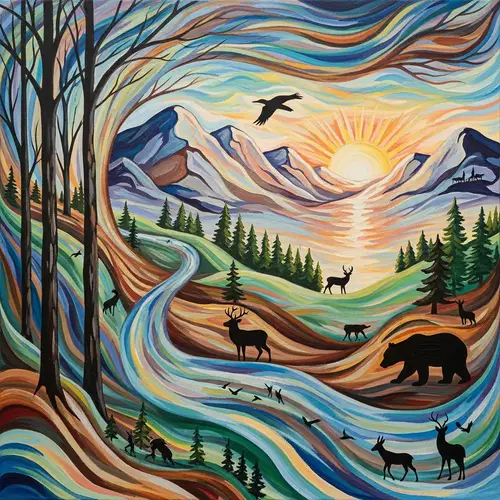 Harmonious Abstract Life: Trees, Rivers, Mountains, Wildlife